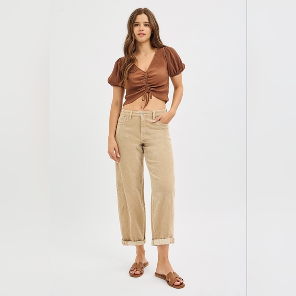 Risen Jeans Denim - Risen High Rise Corduroy Barrel Jeans Tan Neutral Cuffed Ankle Crop Various NEW